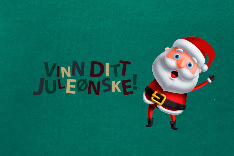 Grafisk av julenisse med tekst "vinn ditt juleønske"