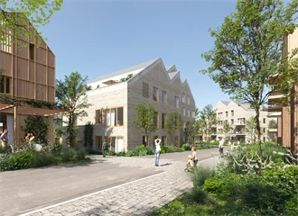 Bildet viser illustrasjon av boligprosjektet Oksenøya Bruk - et samarbeidsprosjekt mellom OBOS og Thon Eiendom