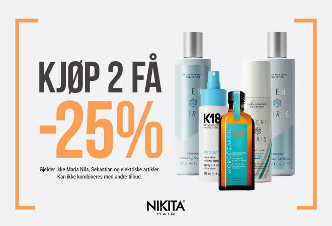 Bilde med hårprodukter og teksten "Kjøp 2 få -25%. Gjelder ikke Maria Nila, Sebastien, elektriske"