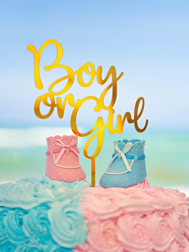 Kake i blå og rosa med kakepynt som står boy or girl