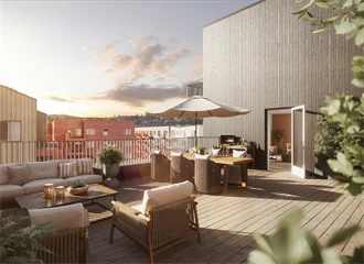 Privat takterrasse tilknyttet en av leilighetene i Skårerløkka PREMIUM.