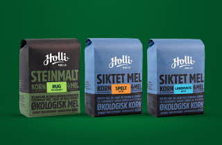 Tre poser med forskjellige type mel fra Holli Mølle
