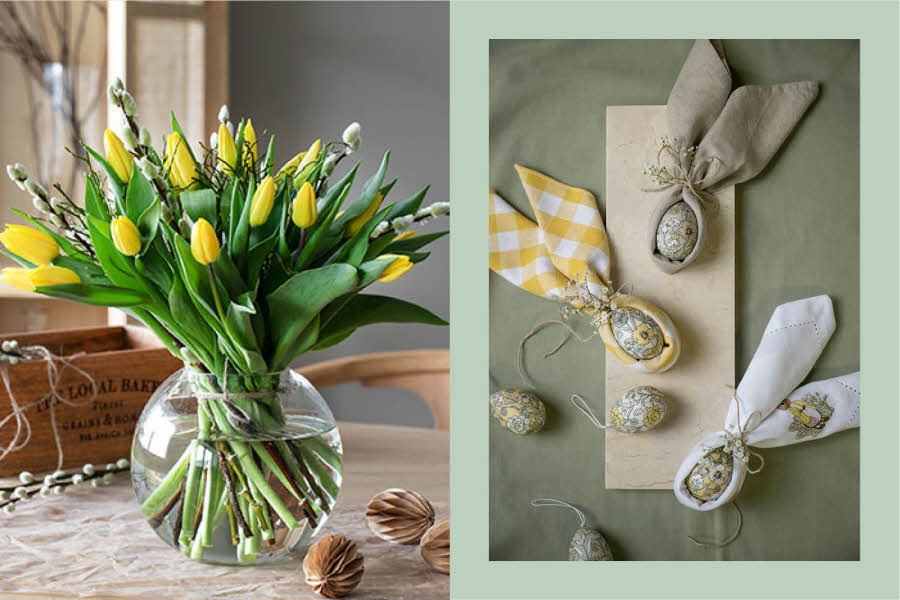 Vase med gule tulipaner står på et bord, dekorerte egg ligger i servietter  på et bord