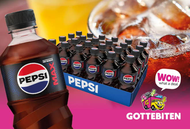 Et brett med Pepsi Max flasker, med et nærbilde av et glass med Pepsi Max i bakgrunnen