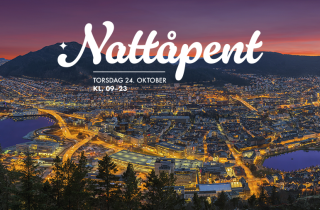 Bilde av Bergen med tekst nattåpent 24.oktober