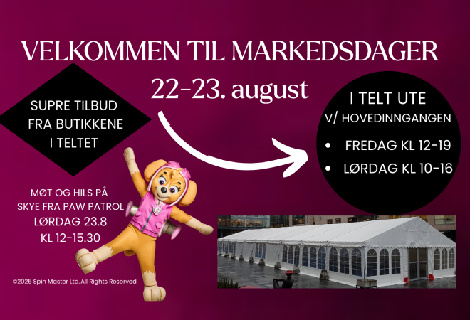 Plakat med informasjon om markedsdagene i telt utenfor H- inngangen
