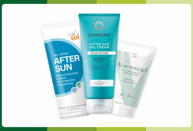 Tre after sun-produkter fra Vidi sol og Cliniderm.