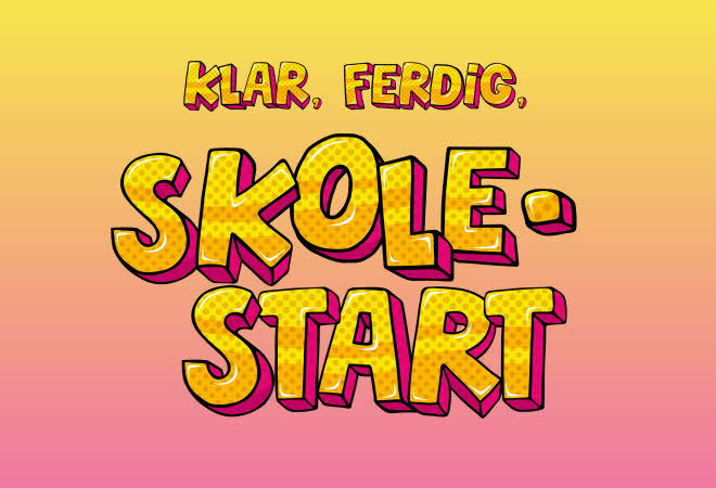 Grafisk bilde med teksten "Klar, ferdig, skolestart"