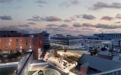 3D-illustrasjon av Stortunet i kveldslys og med omgivelsene på Storo