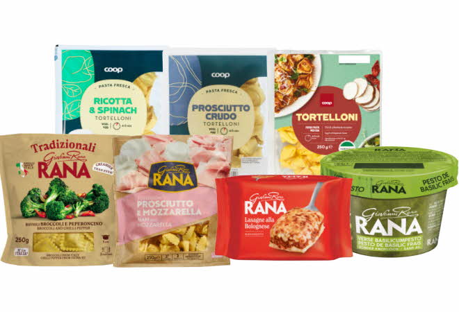 Pakker med fersk pasta og saus fra Coop og Giovanni Rana, inkludert tortelloni, ravioli, lasagne og pesto.