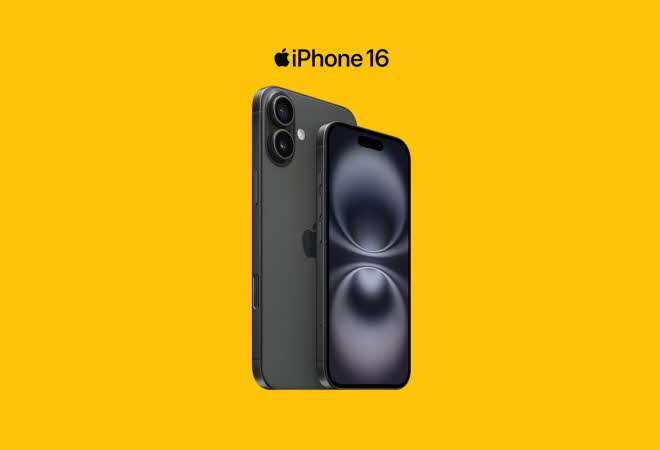 Bilde av en iPhone 16 på en gul bakgrunn.