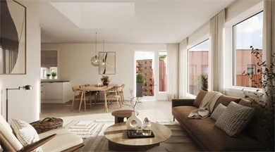 Bilde av en stue og spisestue med store vinduer hos boligprosjektet Skårerløkka PREMIUM i Lørenskog.