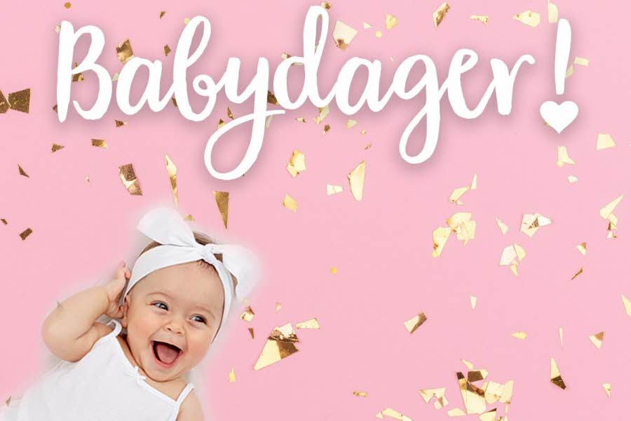 En baby på rosa bakgrunn med gullkonfetti og tekst: "babydager!"