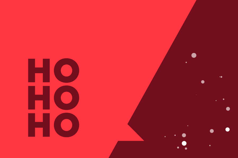 Mørk rød bakgrunn med snøfnugg og lysere rød snakkeboble med ordene "ho ho ho"
