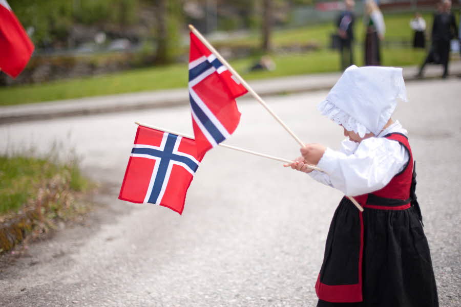 Jente i drakt feirer med to norgesflagg på 17. mai