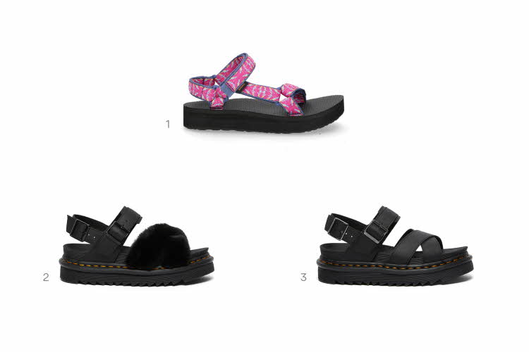 kollasj av produktbilder, 2 rosa og 1 svart sandal