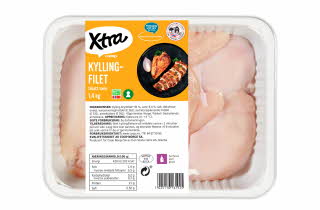 Pakke med Xtra kyllingfilet fra Coop, 1,4 kg, med synlige rå fileter og oransje etikett.