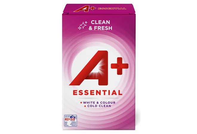 Pakke med A+ Essential vaskemiddel i rosa og hvit design.