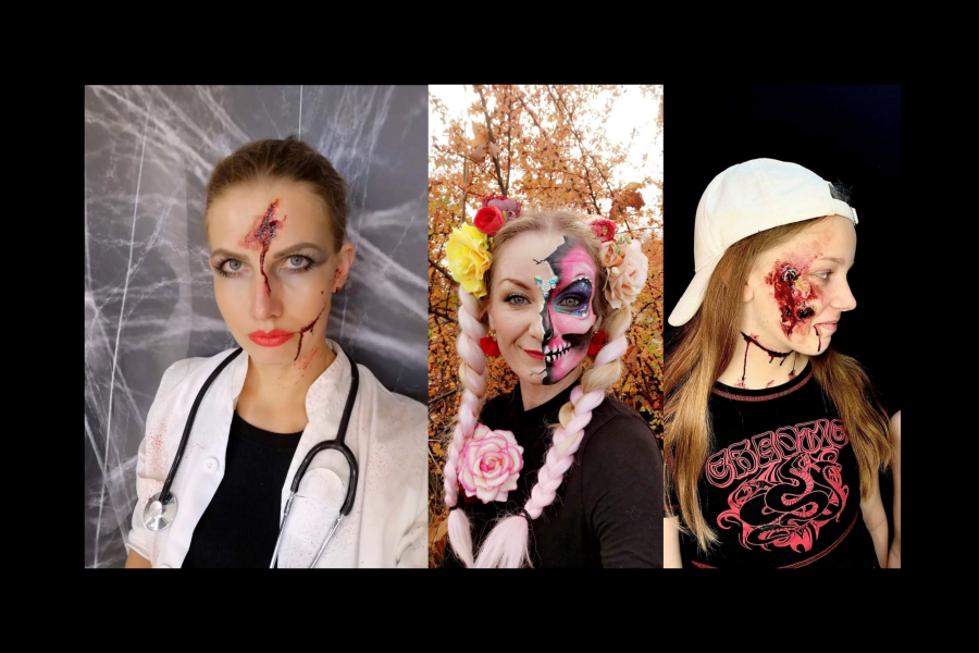 Ferdigsminkede 2 voksene og et barn til Halloween