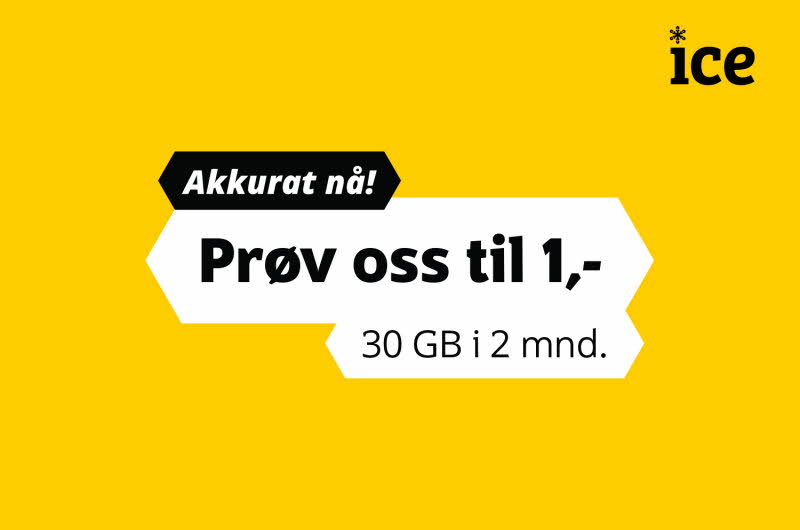 gult bakgrun med tekst "Akkurat nå! Prøv oss til 1,- 30GV i 2 mnd"