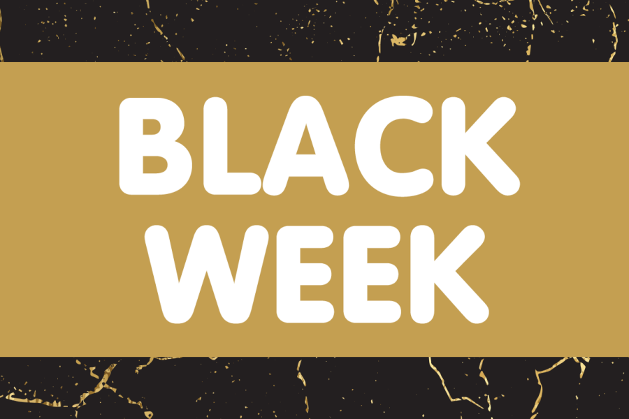 teksten black week på gull og svart bakgrunn