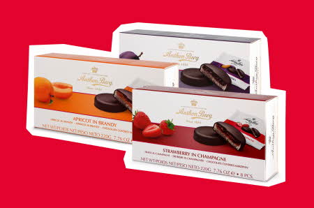 Et utvalg av Anthon Berg Fruit in Marzipan i ulike smaker