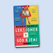 En bok med en dame i en rød kjole som holder en gammel TV foran seg