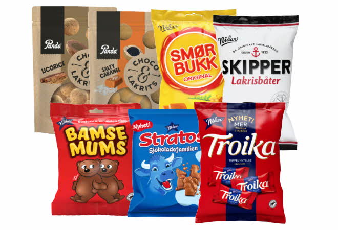 bilde av diverse godteri fra Nidar