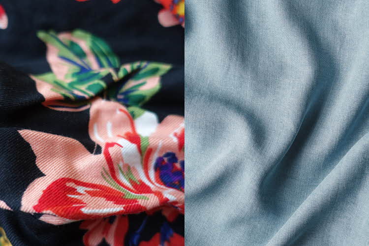 Blomstrete viscosestoff og jeansblått lyocellstoff