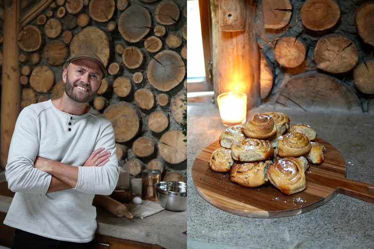 kollasj av et bilde av steffen johansen og kanelsnurrer på et serveringsbrett