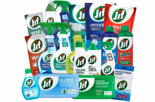 Et utvalg Jif rengjøringsprodukter for kjøkken, bad og universalbruk.