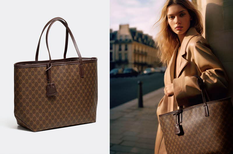 En dame med beige trenchcoat og en brun mønstret veske