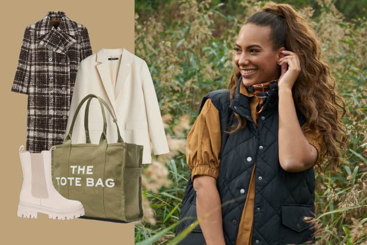 Dressjakker, Tote bag, skoletter og modell med boblevest og kjole