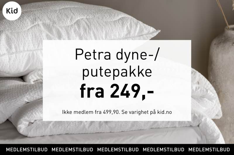 En dyne og pute uten trekk med tekst "petra dyne-/putepakke fra 249"