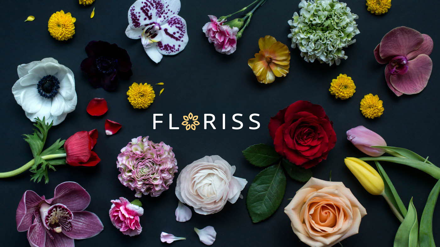 Mange forskjellige blomster som ligger utover rundt logoen til Floriss
