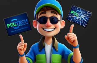 Blid animert figur med Fixtech logo på animert mobil