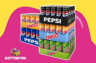 Fem brett med Pepsi, Zingo og Mountain Dew