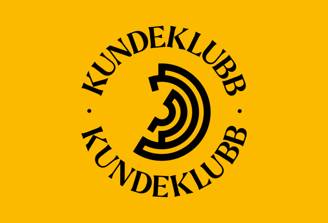 Logo til kundeklubb i svart med gul bakgrunn