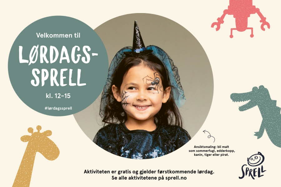 Grafisk bilde med teksten "Lørdagssprell" og figurer av forskjellige dyr og et barn kledd ut som heks