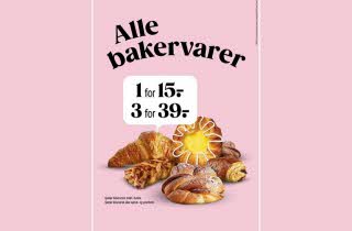 Bakevarer 1 for 15 kr., 3 for 39 kr.