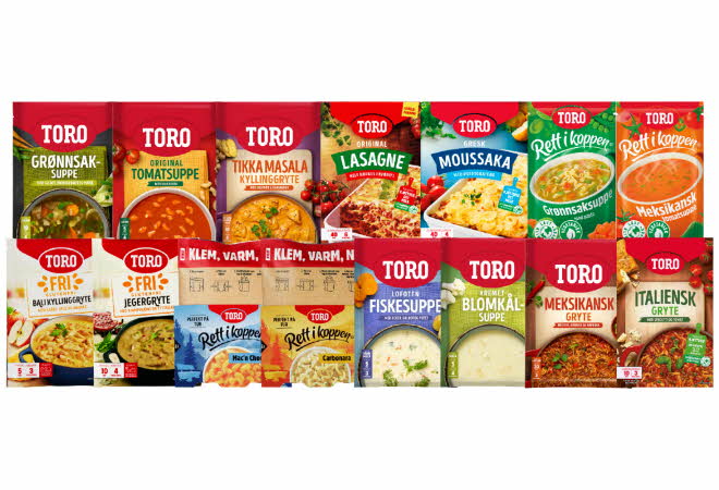 Et utvalg TORO-produkter, inkludert supper, gryteretter og ovnsretter i ulike varianter.