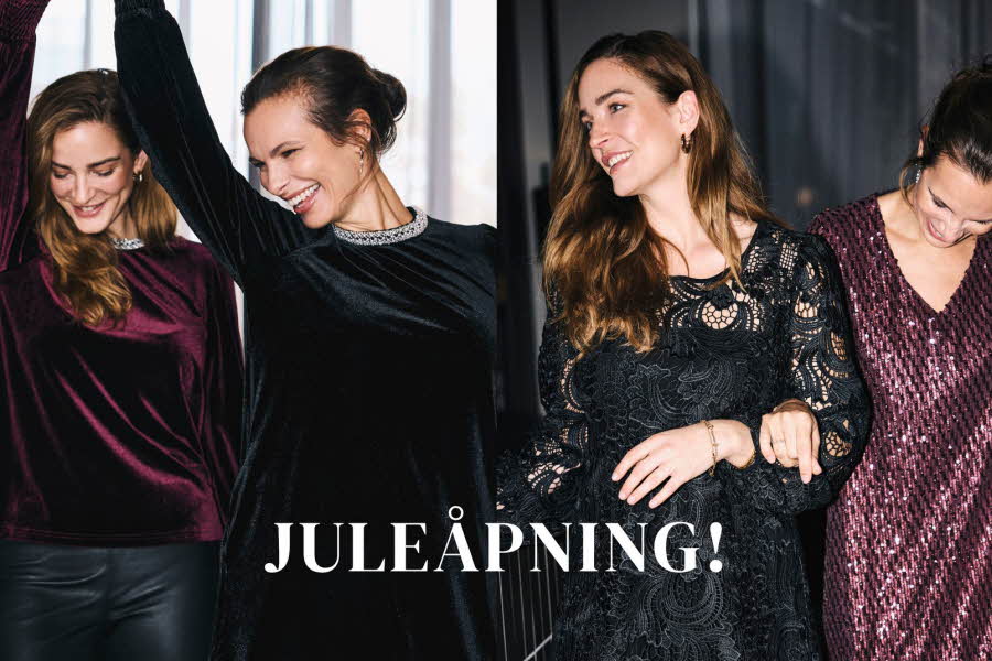 Fire damer i kjoler fra Claire Woman med teksten "Juleåpning!"