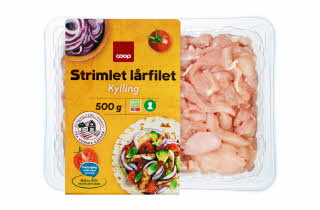 Pakke med 500 g strimlet kylling lårfilet fra Coop.