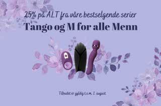 Lilla bakgrunn med blomster og produkter med tekst "25% på alt fra våre bestselgende serier Tango og M for alle Menn"