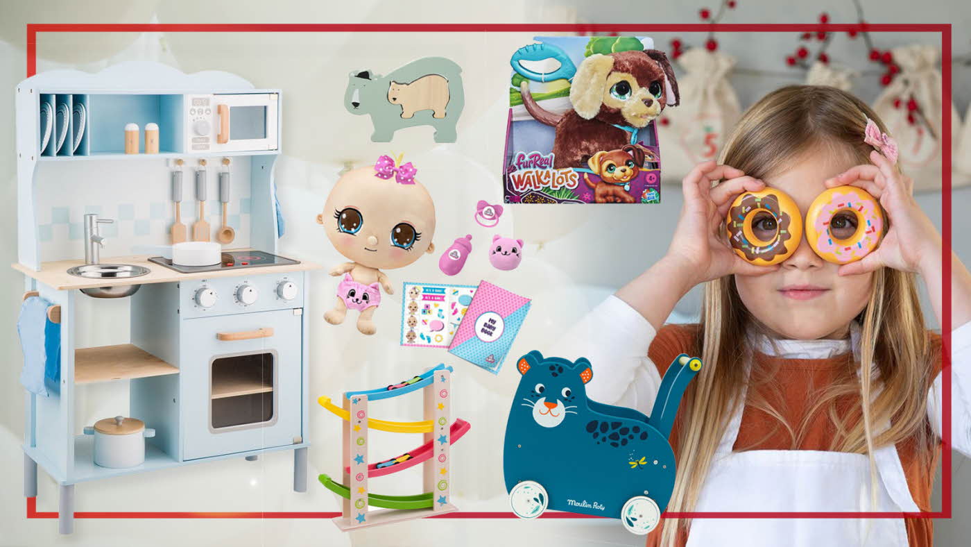 Kollasje med lekekjøkken, bil-leke, dukker og en jente som holder to små smultringer foran øynene.