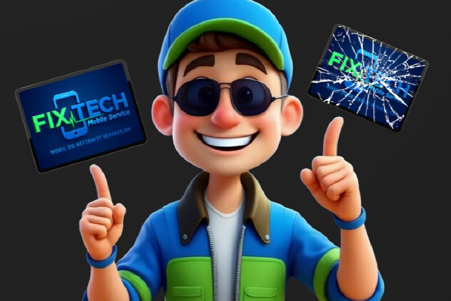 Blid animert figur med Fixtech logo på animert mobil