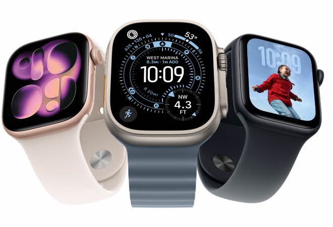 Tre forskjellige Apple Watch-er.