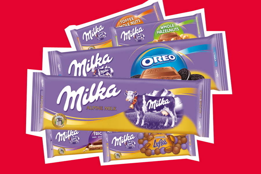 Et stort utvalg av Milka sjokoladeplater i ulike smaker