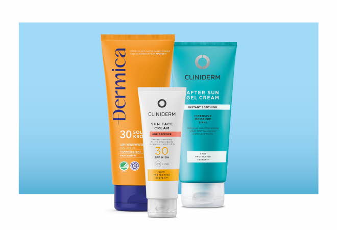 Tre diverse solpleie produkter.