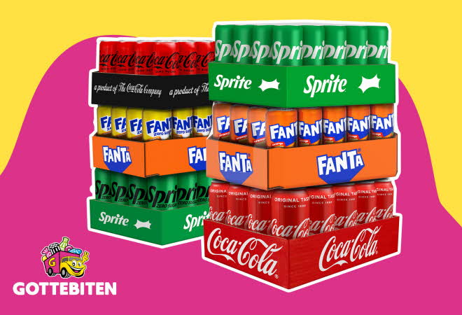 Seks brett med Coca-Cola, Fanta og Sprite